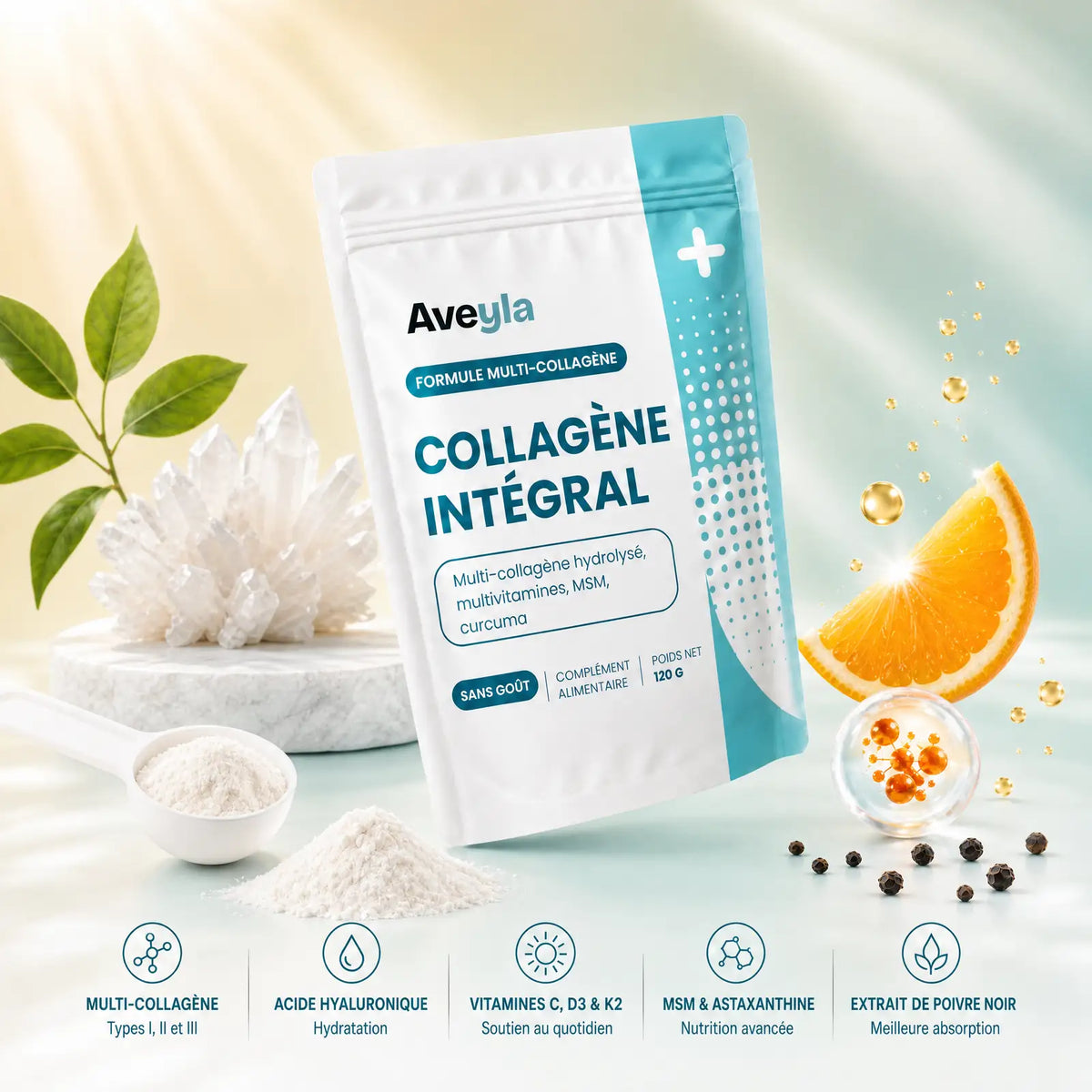 Sachet Collagène Intégral Aveyla et ses ingrédients : multi-collagène, acide hyaluronique, vitamines, MSM