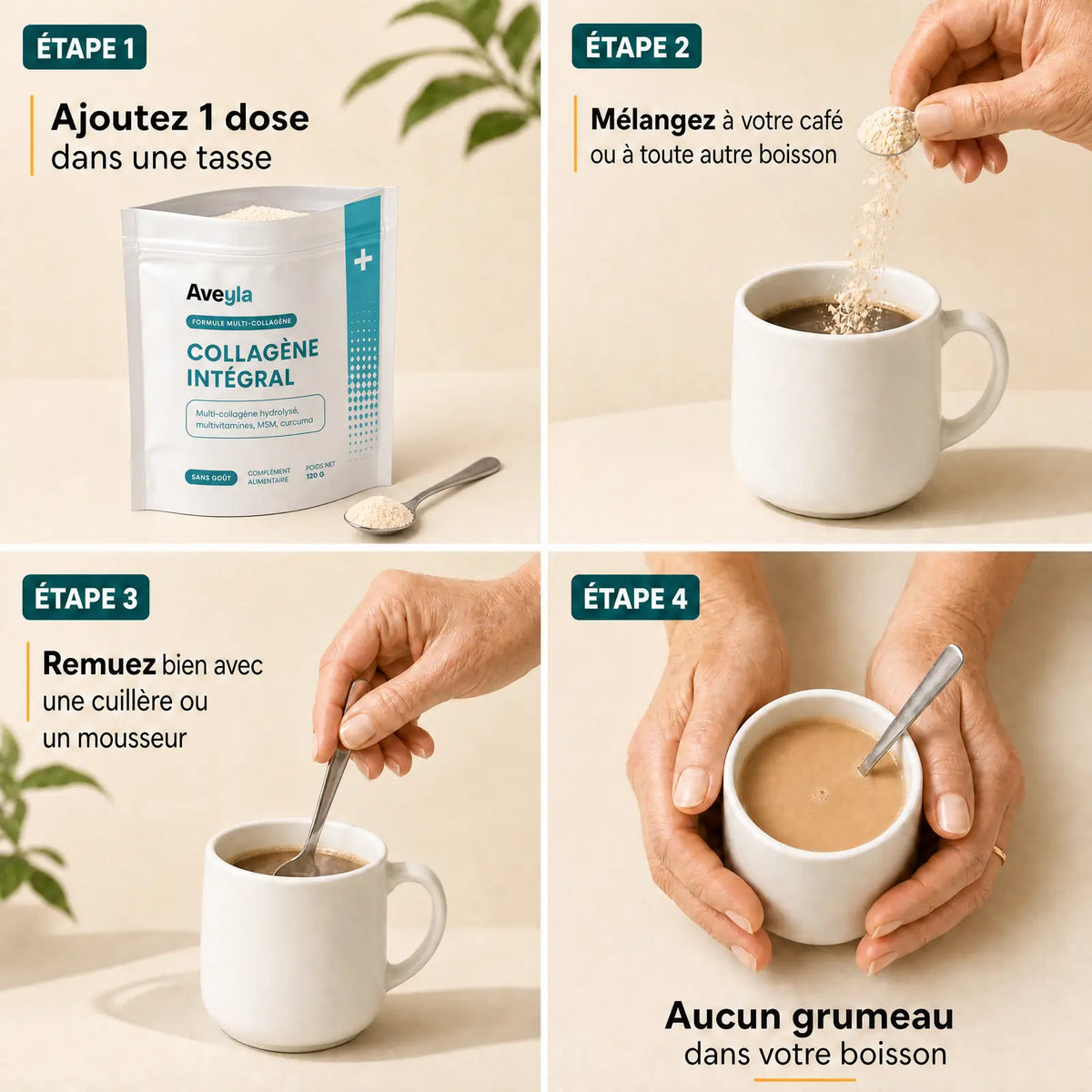 Mode d'emploi en 4 étapes : une dose dans votre café, sans grumeaux